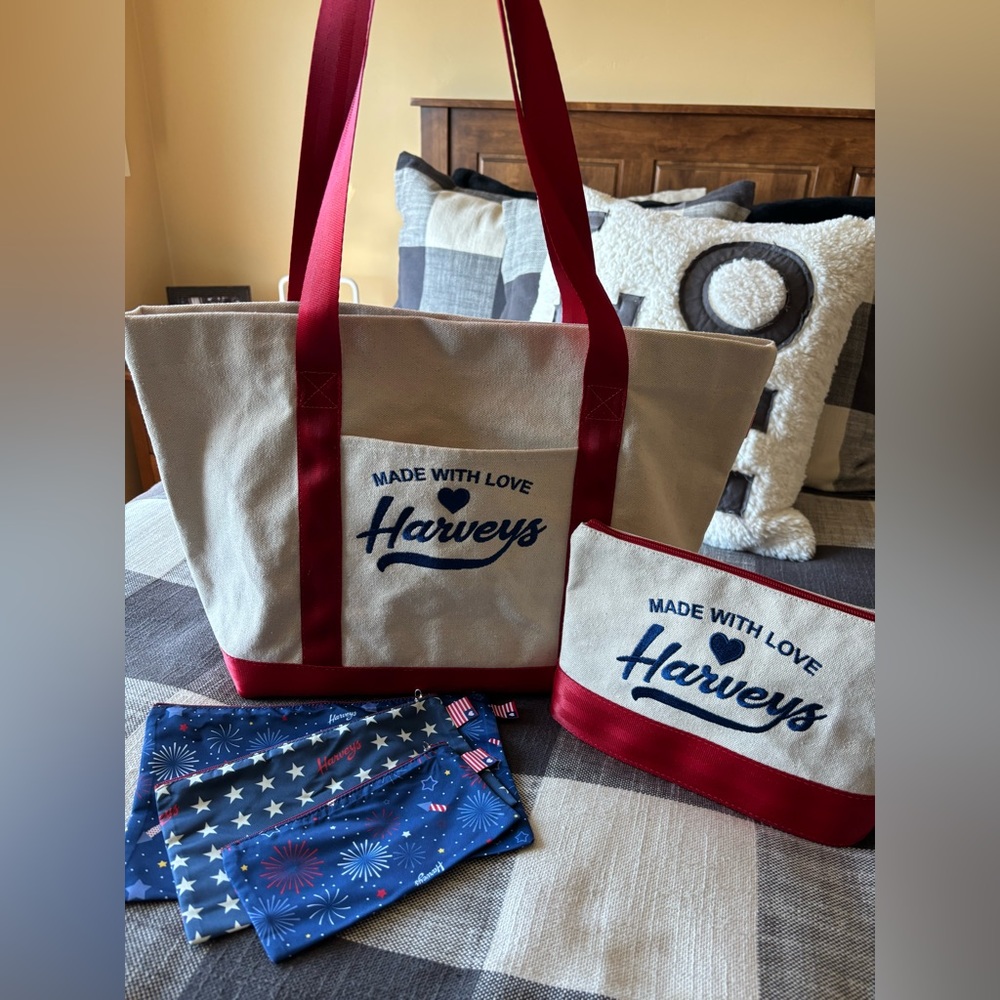 HARVEYS Canvas Tote Set and Fireworks Pouches Never Used!
